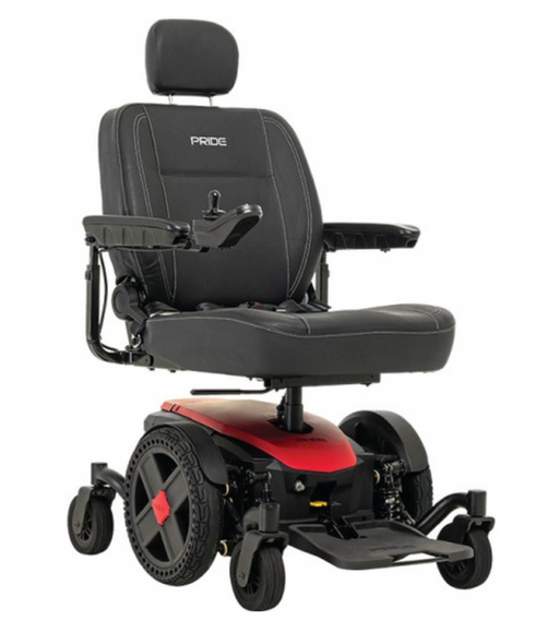 Pride Mobility Jazzy EVO 614 HD power wheelchair with black captain seat, joystick controller, foot platform, and Matte Red mid-wheel drive base