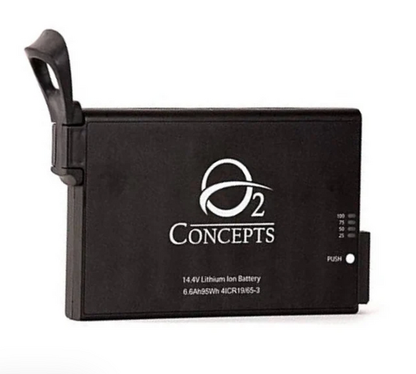 O2 Concepts 800-1002 lithium-ion battery shown with charge indicator lights visible