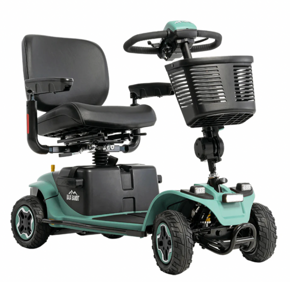 Pride Mobility Baja Bandit 4-wheel mobility scooter with front basket and Sage body panels