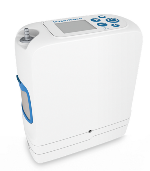 Inogen Rove 6 portable oxygen concentrator with display screen, control buttons, and cannula port