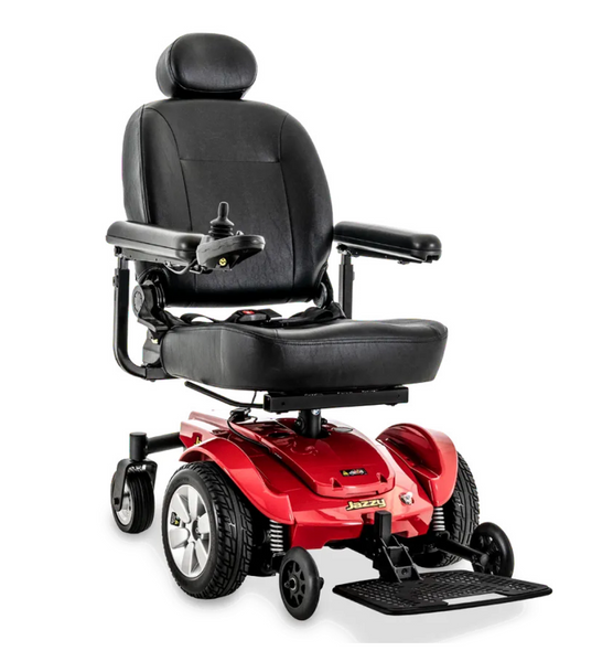 Pride Mobility Jazzy Select power wheelchair with black captain seat, joystick controller, foot platform, and red power basePride Mobility Jazzy Select power wheelchair with black captain seat, joystick controller, foot platform, and red power base