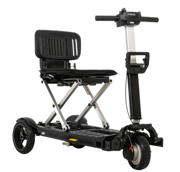 Pride Mobility i-Go folding 3-wheel mobility scooter with black seat, handlebar controls, and compact travel design