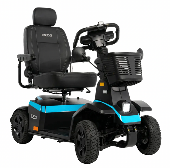 Pride PX4 4-Wheel mobility scooter in Peacock Blue with black captain’s seat and front basket