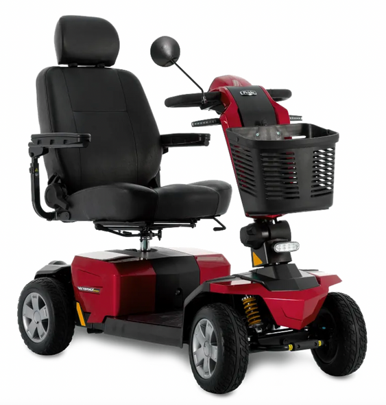 Pride Victory LX Sport 4-Wheel mobility scooter in Candy Apple Red with black high-back captain’s seat and rearview mirror