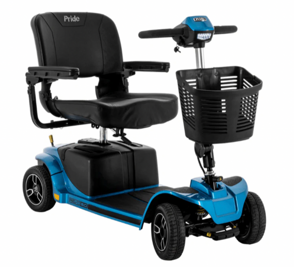 Pride Revo 2.0 4-Wheel mobility scooter in True Blue with black captain’s seat and front basket