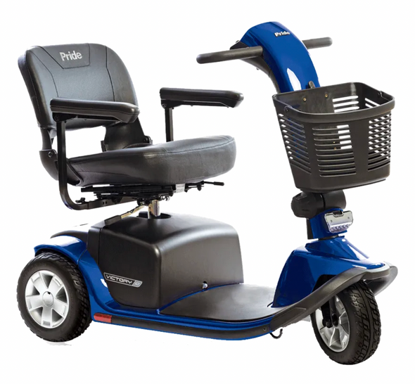 Pride Victory 10 3-Wheel mobility scooter in Viper Blue with black seat and front basket