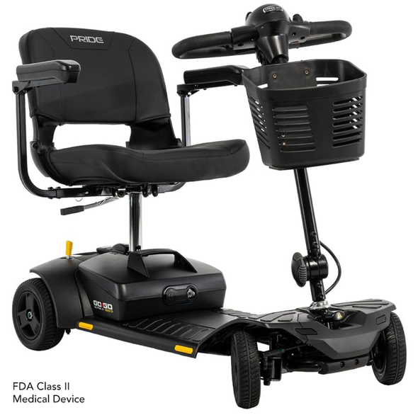 Pride Go Go Ultra X Gen 3 SC493 4-wheel mobility scooter in black with front basket, padded seat, and wraparound delta tiller.