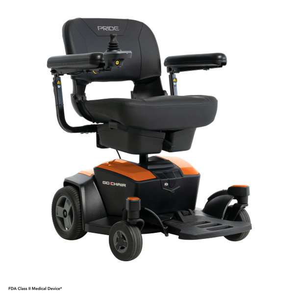 Pride Mobility Go Chair power wheelchair with black seat, joystick control, and Amber Orange body panels