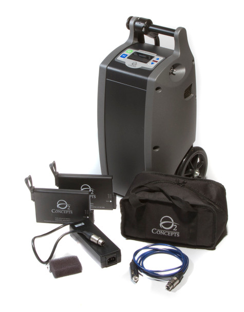 O2 Concepts Oxlife Independence portable oxygen concentrator with batteries, power cords, and accessory bag