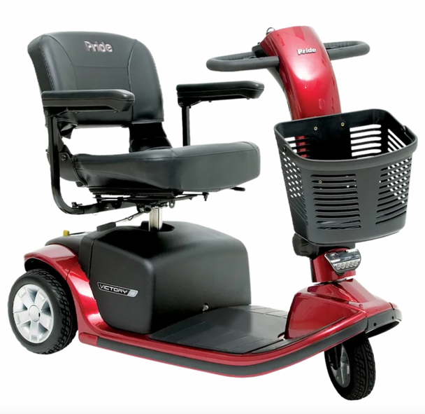 Pride Mobility Victory 9 3-wheel mobility scooter with black seat, front basket, and red body panels