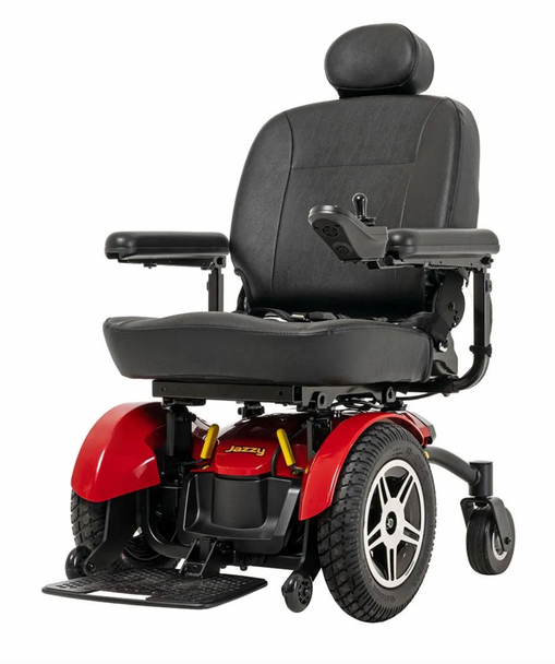 Pride Mobility Jazzy Elite 14 power wheelchair with black captain seat, joystick controller, foot platform, and red power base