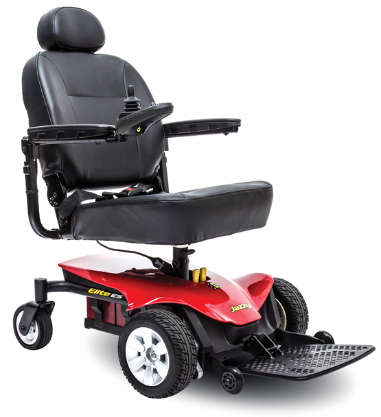 Pride Mobility Jazzy Elite ES power wheelchair with black captain seat and red power base