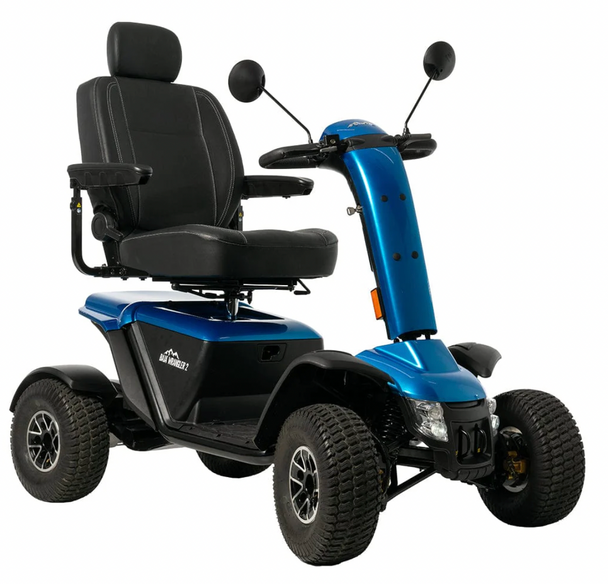 Pride Mobility Baja Wrangler 2 4-wheel mobility scooter with black captain seat, rearview mirrors, large tires, and True Blue body panels
