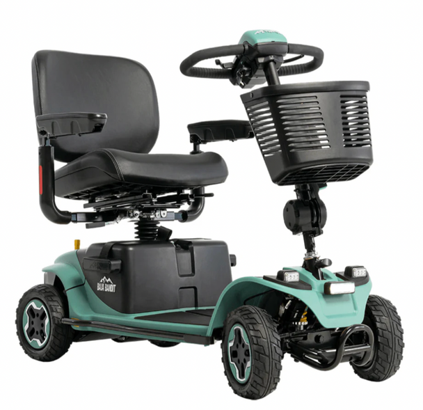 Pride Mobility Baja Bandit 4-wheel mobility scooter with front basket and Sage body panels