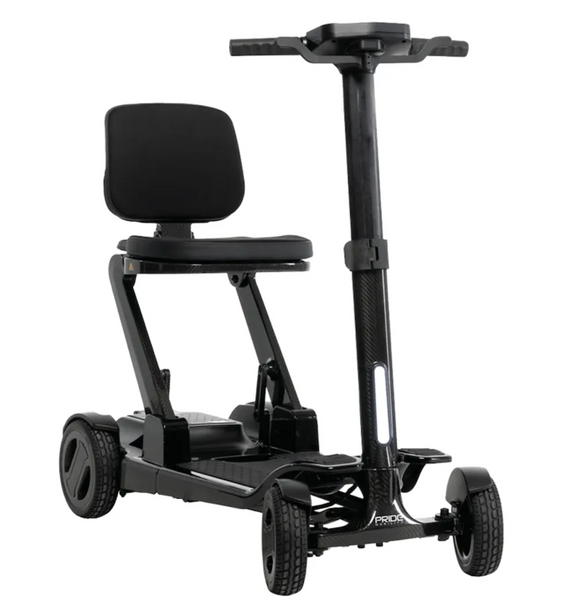 Pride Go Go Carbon lightweight folding mobility scooter in black with carbon fiber tiller