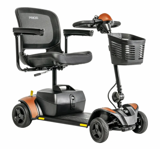 Pride Go Go Elite Traveller 2 4-Wheel mobility scooter in Tangerine with black mesh captain’s seat and front basket
