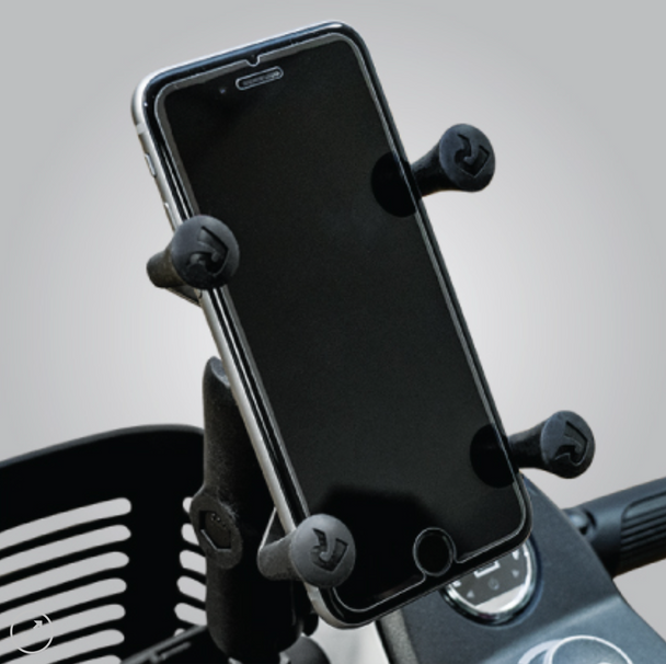 Pride Mobility ACC1804467 universal smartphone holder mounted on scooter handlebar with adjustable rubber grips