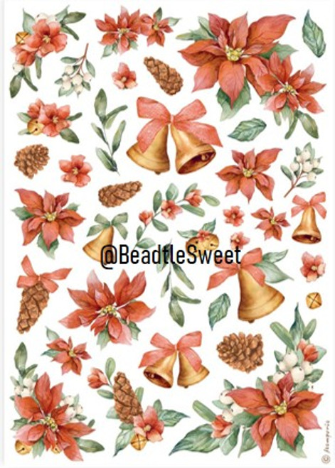 Stamperia Rice Paper DFSA4921 (Classic Christmas poinsettia and bells)