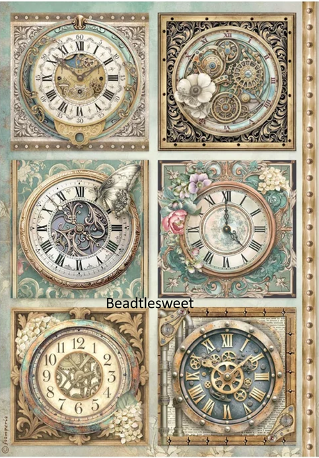Stamperia Rice Paper - Gardens of Time 6 Clocks