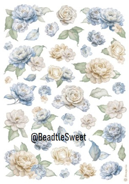 Stamperia Rice Paper - Timeless roses and blue flowers pattern