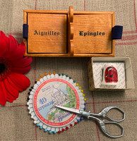 Needles & Pins Box with Scissors, Rosette of Pins and Thimble