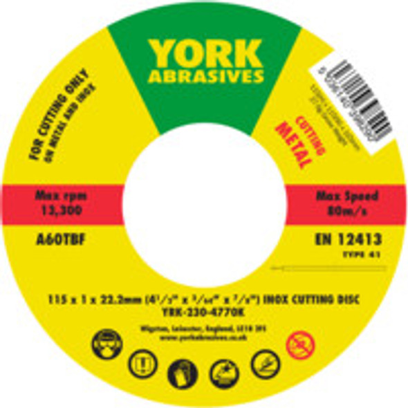 York 115X1X22.23mm A60Tbf Inoxcutting Disc,T41 York 115X1X22.23mm A60Tbf Inoxcutting Disc,T41