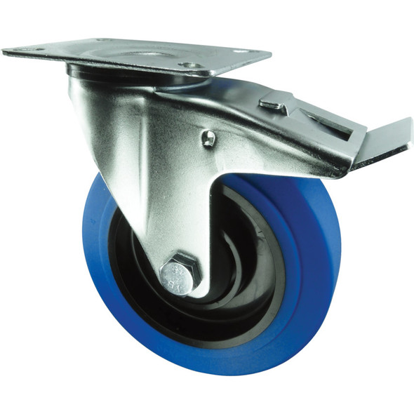 BRAKED SWIVEL PLATE 125mm BLUE RUBBER TYRE 601.29