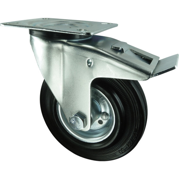 BRAKED SWIVEL PLATE 80mm RUBBER TYRE; STEEL CENTRE 145.97