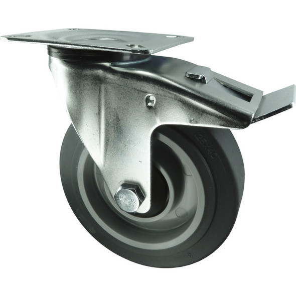 Atlas Braked Swivel Plate 100mm Grey Rubber Tyre