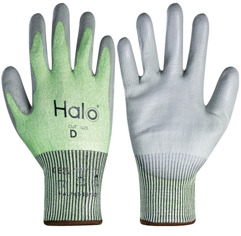Halo Seamless Nylon Pu Palm Coated Cut D Gloves Grey/Green Size-9