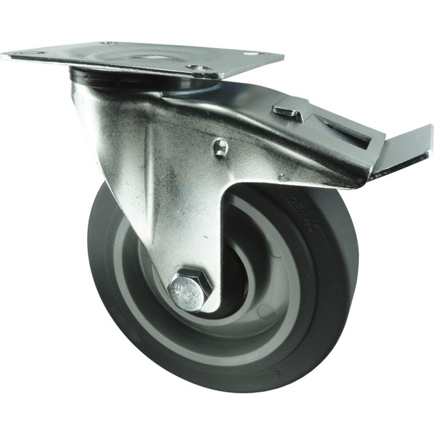 Atlas Braked Swivel Plate 160mm Grey Rubber Tyre