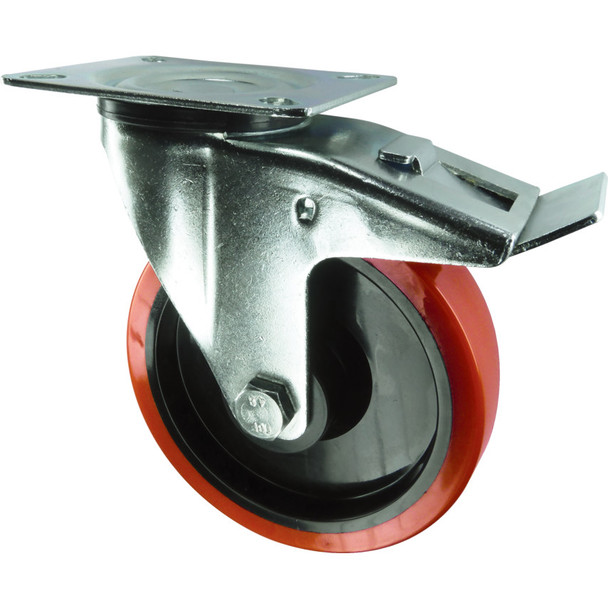 Atlas Braked Swivel Plate 80mm Polyurethane Tyre