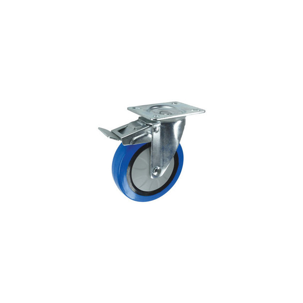 Atlas Braked Swivel Plate 125mmblue Rubber Tyre
