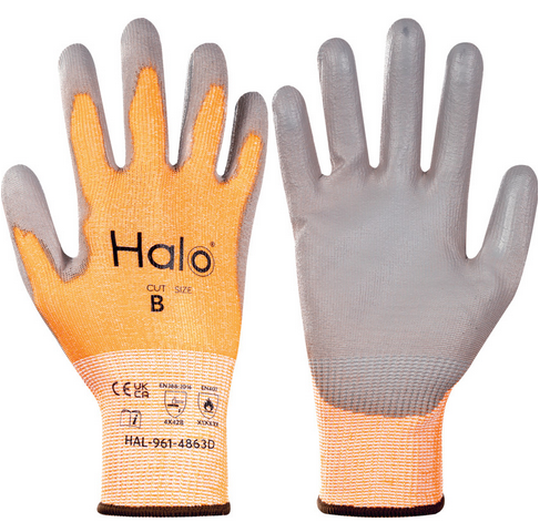 Halo Seamless Nylon Pu Palm Coated Cut B Gloves Grey/Orange Size-10