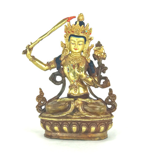 Gilded Gold/Bronze 8.5" Manjushri Nepalese Buddha Statue #st225