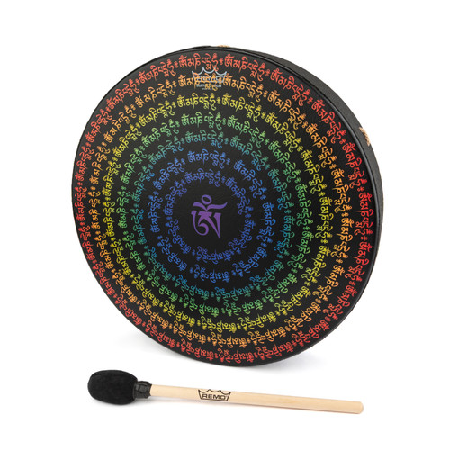 16" Rainbow Chakra Om Sanskrit Black Buffalo Drum