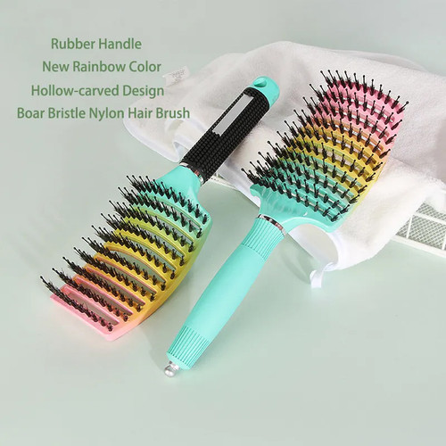 New Rainbow Curved Salon Detangle Paddle Vent Hairdressing Brush Large