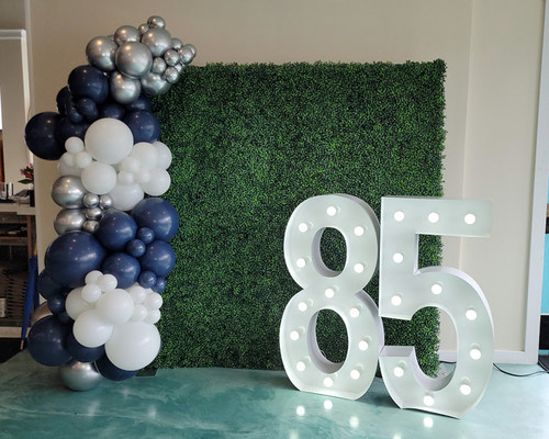 Organic Garland on Boxwood Backdrop with LED Numbers
