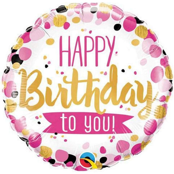 Happy Birthday to You Pink, Black & Gold Dots Round