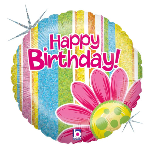 Happy Birthday Flower & Stripes Round