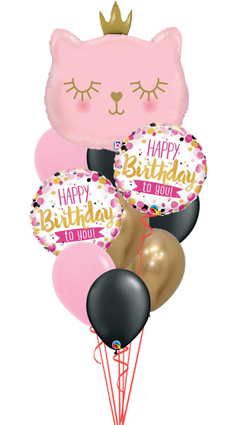 Happy Birthday Pink Cat with Crown Bouquet