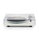 Right angle view Rega Planar 6 Turntable in White with the Nd7 Cartridge with record