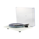 Left angled view of the Rega Planar 6 turntable in white, with record and raised dustcover lid