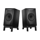 MoFi Electronics SourcePoint 10 Master Edition speakers in Satin Walnut on Low Slung Stands — pair shown at floor level with angled tilt toward listening position