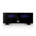  Advance Paris X-A160 EVO stereo power amplifier — front view with illuminated VU meters and black methacrylate panel; rear panel showing RCA and XLR inputs, speaker binding posts