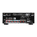Denon AVR-S980H rear panel showing HDMI 2.1 inputs, speaker terminals, phono input, and network connections