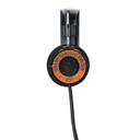 Grado RS1 Classic — side profile showing Signature Gold headband assembly with leather strap and white contrast stitching