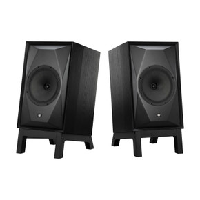 MoFi Electronics SourcePoint 10 Master Edition speakers in Satin Walnut on Low Slung Stands — pair shown at floor level with angled tilt toward listening position
