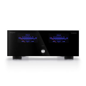  Advance Paris X-A160 EVO stereo power amplifier — front view with illuminated VU meters and black methacrylate panel; rear panel showing RCA and XLR inputs, speaker binding posts