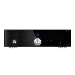 Advance Paris X-i75 integrated amplifier — front view showing black glass panel, large aluminum control knob, headphone jack, and standby button